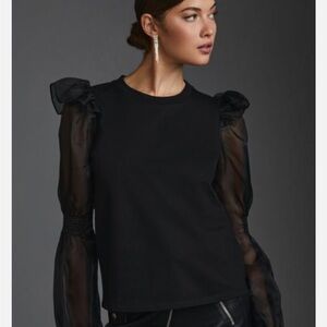 Anthropologie Black Top with Sheer Puff Ruffle Sleeves Sweater Holiday Party